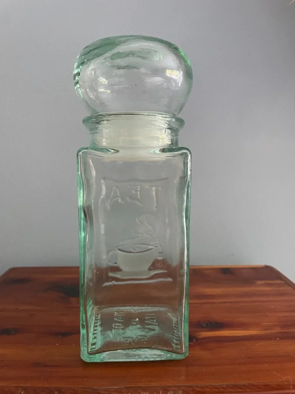Vintage Green Glass Tea Canister Embossed Ball Lid 8